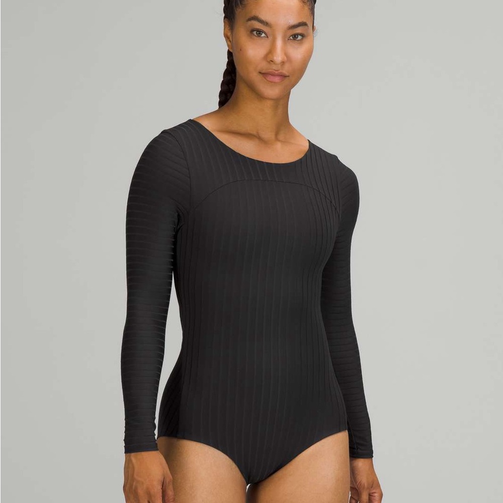 Lululemon Athletica Black Ribbed Wrap-Back Bodysuit